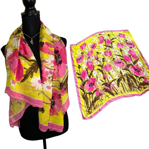 Vera Neumann large vintage Ladybug Pink Yellow Mod Floral Unique Scarf - Picture 1 of 8
